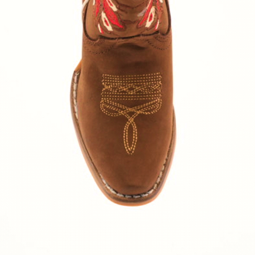 Top view of a handcrafted cowboy boot in premium leather featuring intricate gold embroidery and red accents near the shaft. The boot resembles the Mia Copper Suede - Snip Toe and is displayed against a plain white background.