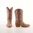 A pair of Bellere Fawn - Snip Toe boots in brown with pink embroidery and mid-height wooden heels crafted from premium cowhide leather. The left boot faces forward, and the right angles to the side, both set against a plain white background.