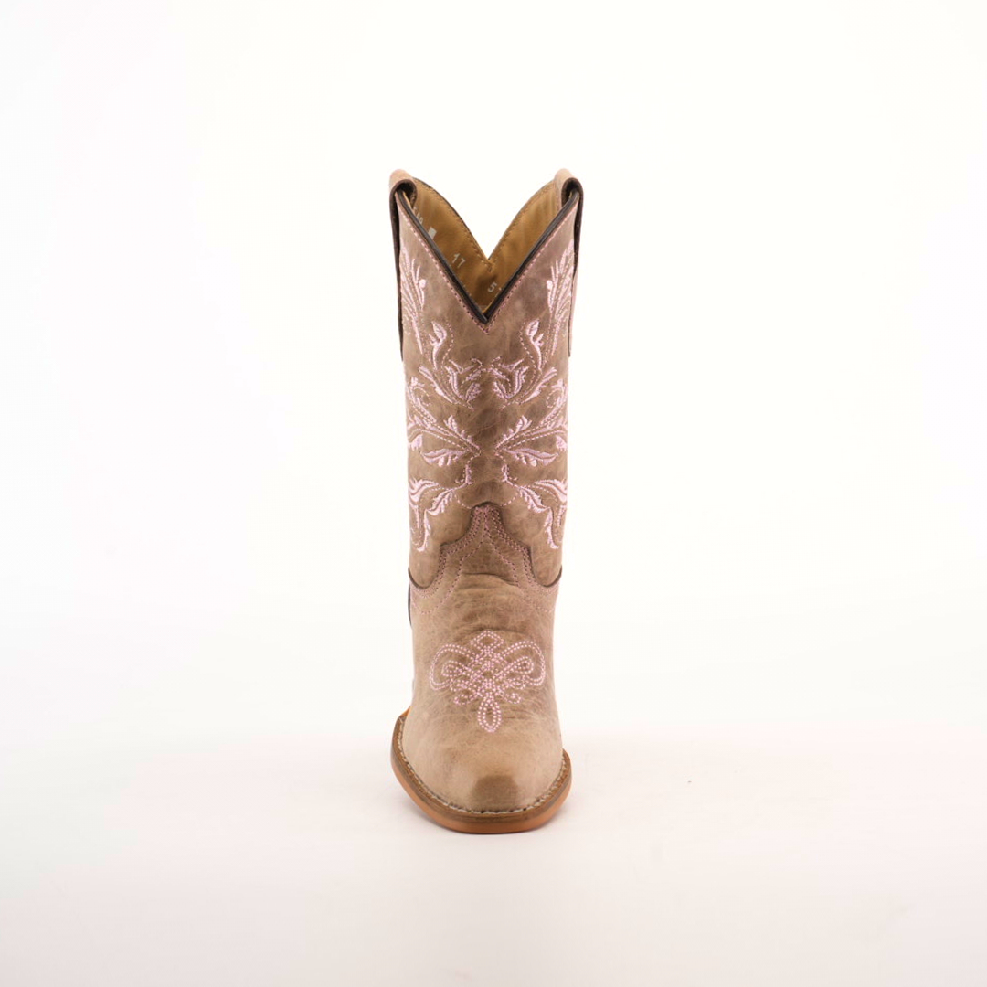 The Bellere Fawn - Snip Toe boot, crafted from premium cowhide leather, is a single tan cowboy boot featuring intricate white embroidery. It stands upright on a plain white background, highlighting its classic western design with a slightly pointed toe and low heel.