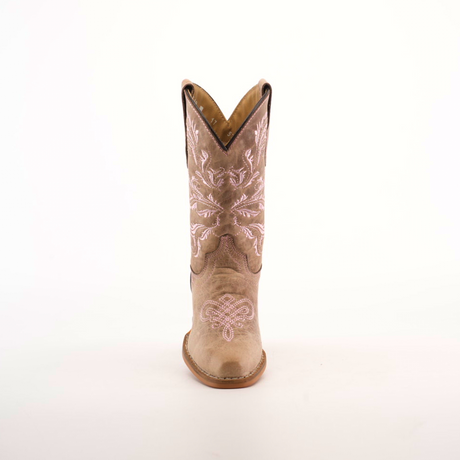 The Bellere Fawn - Snip Toe boot, crafted from premium cowhide leather, is a single tan cowboy boot featuring intricate white embroidery. It stands upright on a plain white background, highlighting its classic western design with a slightly pointed toe and low heel.