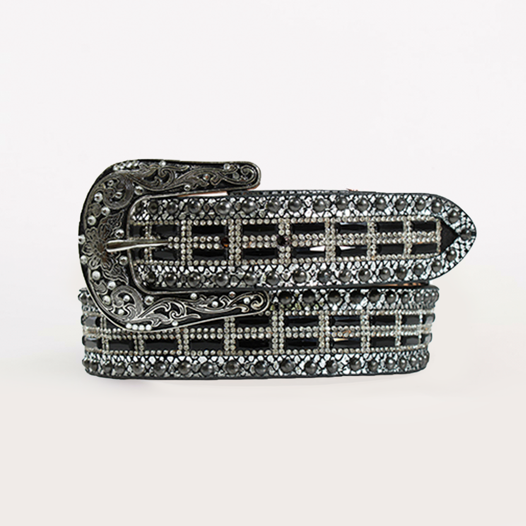 Experience Western elegance with the Nocona Western Womens Leather Belt in Metallic Lizard Black, featuring intricate silver embellishments, a decorative buckle, square designs with sparkling details, and exquisite leather work for an ornate and stylish appearance.