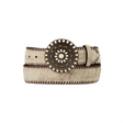 The Nocona Western Womens Belt (N320006237) combines beige and brown calf hair leather with a large decorative circular buckle featuring intricate patterns, small pearl-like embellishments, and dark brown stitched edges for a touch of western elegance.