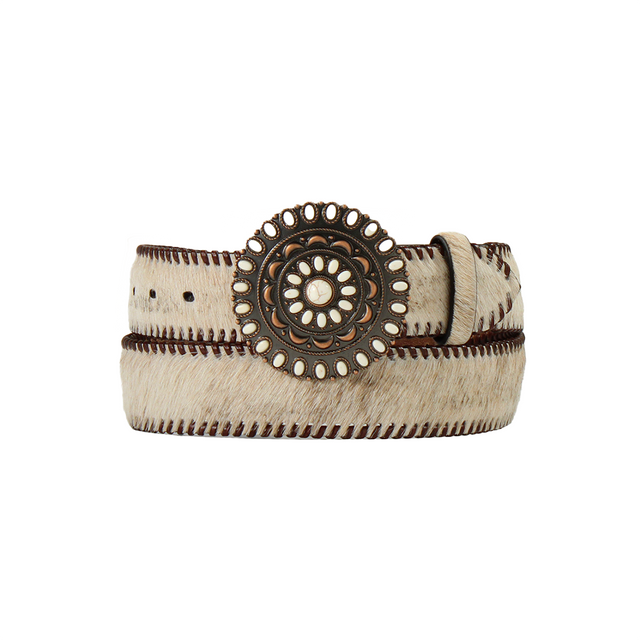 The Nocona Western Womens Belt (N320006237) combines beige and brown calf hair leather with a large decorative circular buckle featuring intricate patterns, small pearl-like embellishments, and dark brown stitched edges for a touch of western elegance.