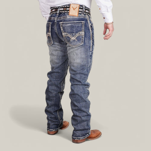 Western Blue Straight Fit Embroidered Jeans - W436