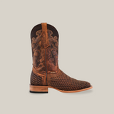 The Texas Basket Weave Matte Brown - Square Toe boot features a woven texture on the foot and intricate shaft embroidery, displayed upright against a plain white background.