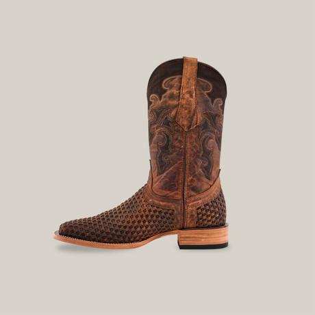 A single Texas Basket Weave Matte Brown - Square Toe boot, crafted from premium cowhide with ornate stitching and a textured pattern, displayed against a plain white background.