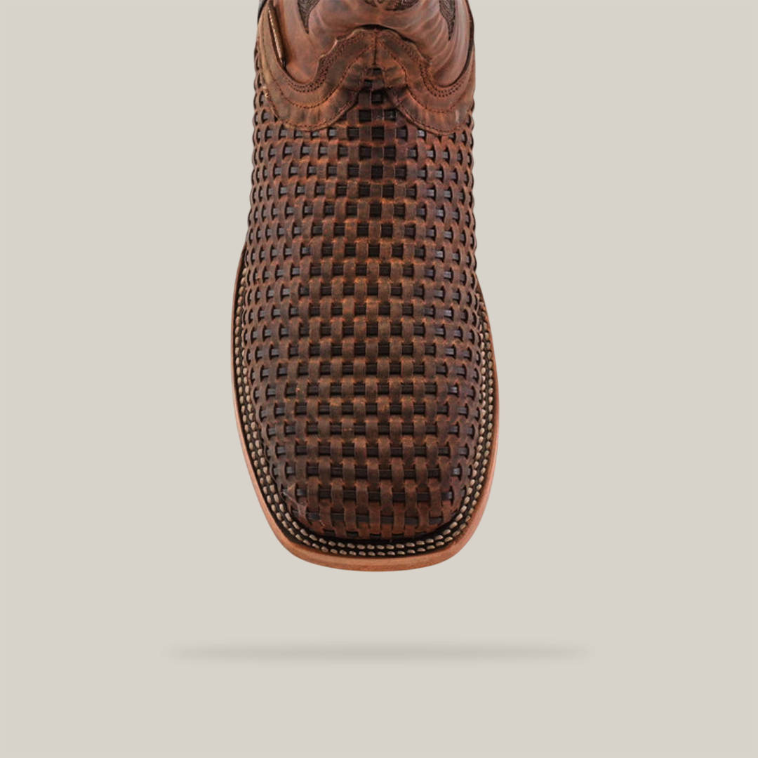 Close-up front view of the premium Texas Basket Weave Matte Brown - Square Toe shoe, showcasing its intricate basket weave design and visible edge stitching against a plain white background.