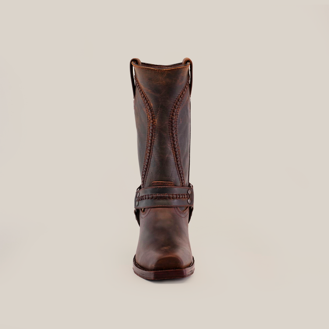 An Azkar Tan boot is showcased on a white background, displaying intricate stitching, a decorative ankle strap, and a slip-resistant sole for safety.