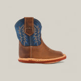 A single Max - Honey Blue Shaft cowboy boot for a child in brown and blue features genuine leather, decorative stitching on the blue upper section, a square toe design, and a pull tab. The boot is showcased on a neutral background.