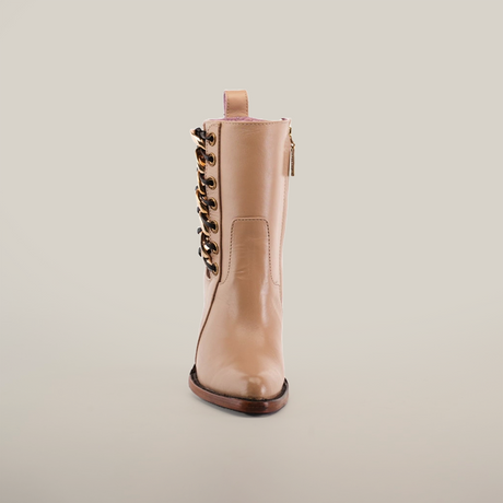 Discover the Francia Rings Bootie Cream - J Toe, made from premium leather with decorative side laces and a back pull tab. Part of our Platinum Collection, it has a flat sole and elegantly stands upright against a plain white background.