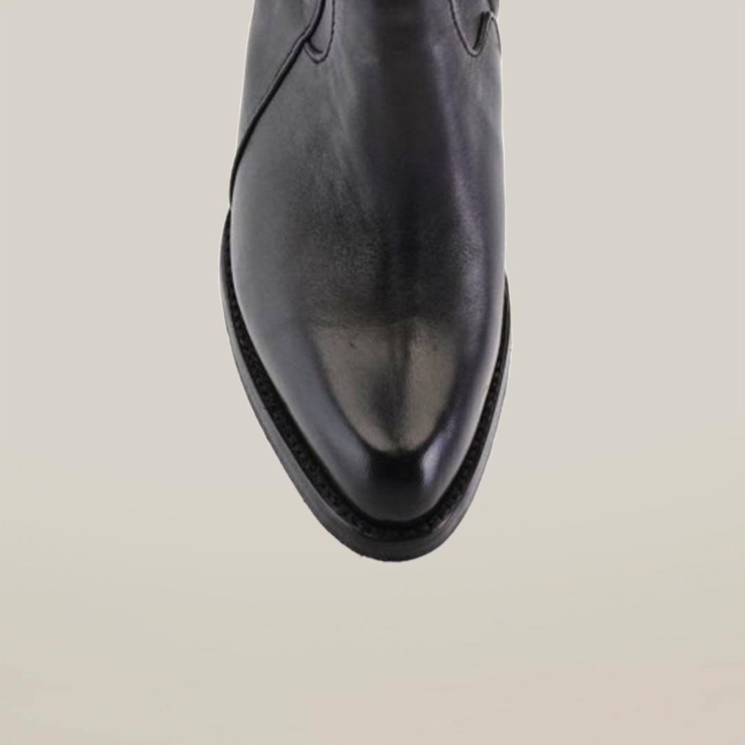 Top view of the Francia Rings Bootie Black - J Toe, featuring a polished, pointed toe. Set against a light background, its smooth and shiny texture highlights the exquisite craftsmanship of these luxury boots from the Platinum Collection.