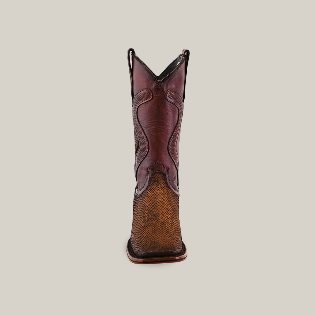 An Exotic Python - Diamond Tamarindo Square Toe cowboy boot, featuring a textured lower design and smooth, detailed stitching on the upper shaft, stands upright against a plain white background.