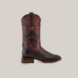 The Exotic Caiman Belly Tail - Diamond in Tabaco is a brown leather cowboy boot with intricate stitching, textured designs, a square toe, double sole for durability, low heel, and side pull-tab on a plain light background.