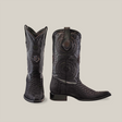 The Exotic Python - Platinum - Matte Black - Versy Toe cowboy boots feature a circular textured python leather design with pointed toes and dark soles, standing upright against a plain white backdrop.