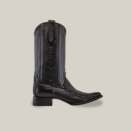 The Exotic Stingray - Platinum in Black features a Versy Toe and intricate stitching on stingray leather. The boot is displayed on a white background, showcasing its slightly angled heel and epitomizing high-end cowboy fashion.