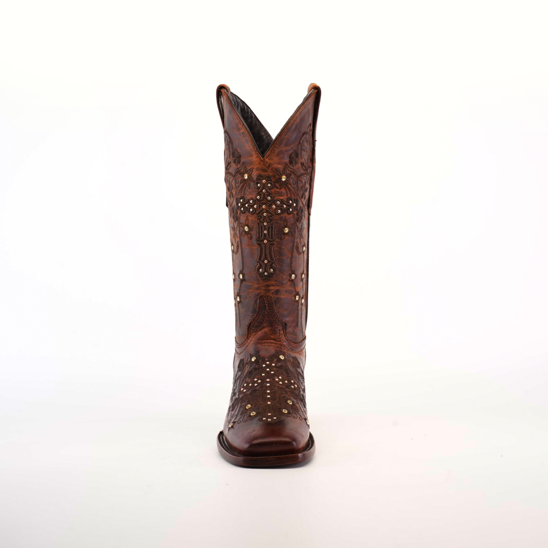 Front view of a Marga Cruz Brick Mid Shaft Square Toe boot, made from premium brown leather with intricate embroidery and metallic studs, set against a plain white background.