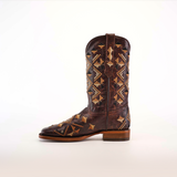 The Maya Brown - Short Shaft - Square Toe boots blend wearable art and functionality with intricate geometric patterns in beige and dark brown on premium leather. These cowboy boots feature a sturdy heel, convenient side loop, and are set against a plain white background.