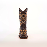 The Maya Brown Short Shaft boot features premium leather with intricate beige and black geometric embroidery on the shaft and square toe, turning it into wearable art on a white background.