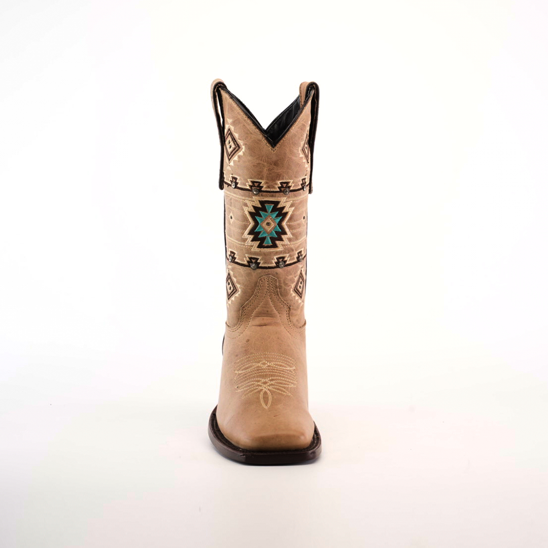 The Palles Aztec Stitch Fawn boot, with a short shaft and square toe, is crafted from premium leather. It features intricate Western-style patterns centered around a teal and brown geometric design, highlighting expert craftsmanship against a plain white background.