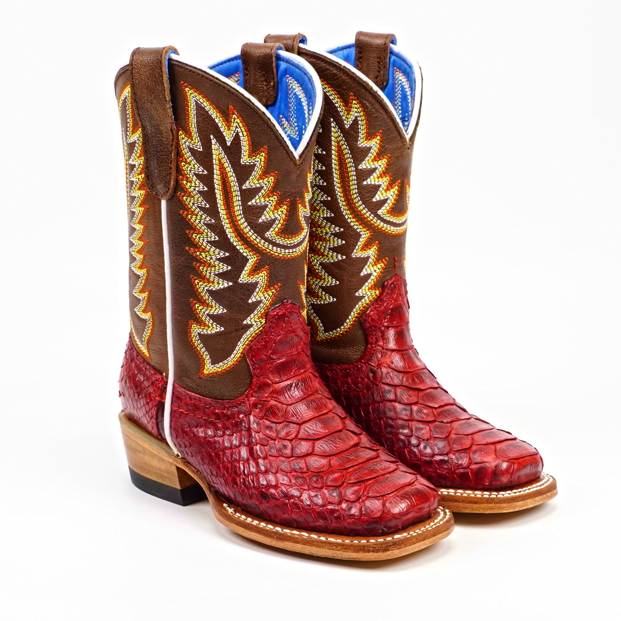 Kids Python Boots - Red - Square Toe (Nigeria Tobacco Shaft)