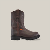 The Brown Roper - Tractor Sole - Composite Toe boot, crafted from premium cowhide leather with a rugged sole and side pull tabs, is displayed against a plain white background.