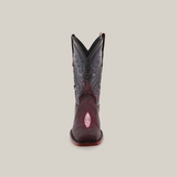 The Exotic Stingray - Wine - Rodeo Toe boot, a luxury piece with intricate stitching and a pointed toe, is displayed from the front against a plain background. This dark boot features subtle reddish tones and has a decorative pink diamond shape near the toe.