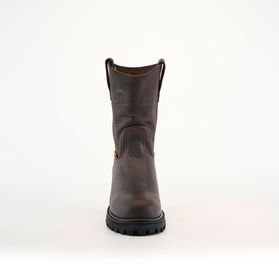 The Brown Roper - Tractor Sole - Soft Toe stands upright on a white background. Made from premium cowhide leather, it features a durable tractor sole, subtle stitching for rugged style, and small loops near the top that add functionality.