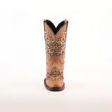 The Kiara Crystals Fawn Snip Toe boots highlight premium leather craftsmanship, intricate floral embroidery in gold and brown, and a stylish snip toe design with a tall shaft, all elegantly set against a plain white background.