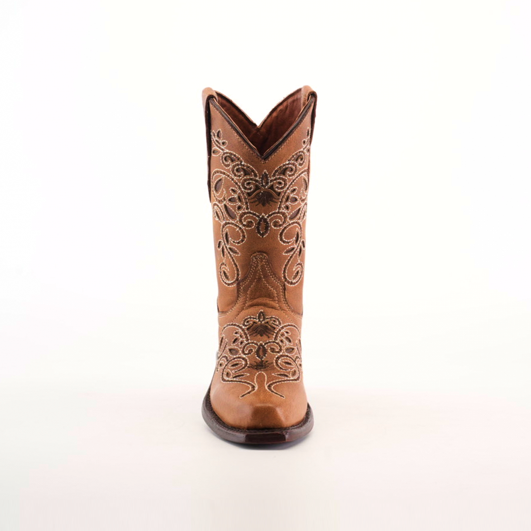 A solitary Carola Tabaco - Snip Toe cowboy boot in brown, made from premium cowhide leather, is displayed on a plain white background. It features intricate floral embroidery and a robust structure.