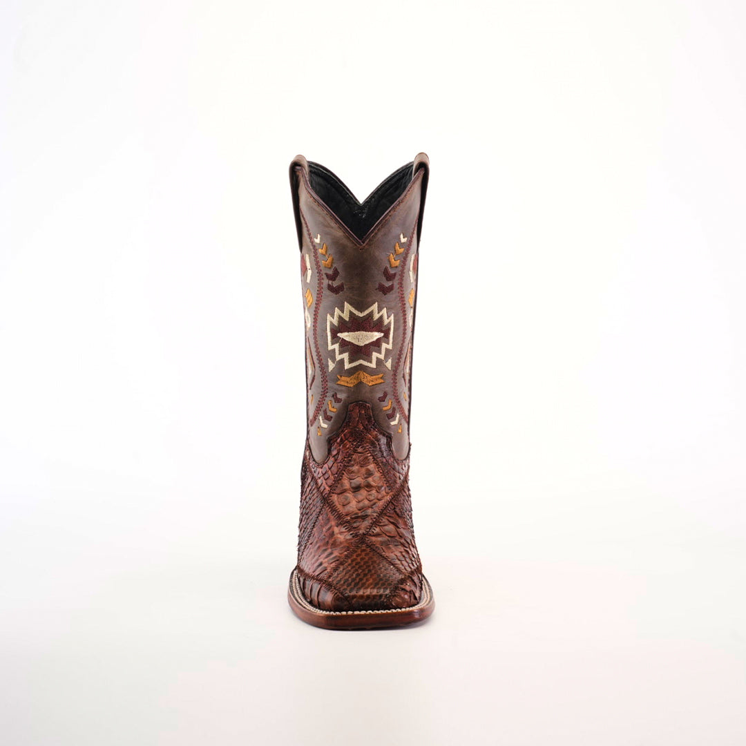 A single Exotic Python Patchwork Chocolate Square Toe boot is centered, showcasing exotic python leather with intricate tribal patterns and stitching on the shaft. It features a chocolate textured surface and a square toe, set against a plain white background.