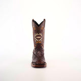 The Exotic American Alligator Patchwork Brown Square Toe boot features a stunning white, yellow, and orange stitch pattern on genuine alligator skin. Its high shaft has intricate embroidery that stands out beautifully against a plain white background.