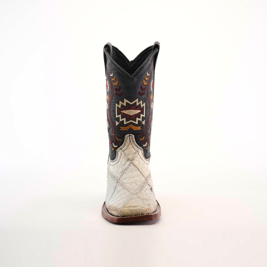 A single Exotic American Alligator Patchwork Bone Square Toe cowboy boot is shown facing forward on a white background, featuring a dark shaft with colorful geometric embroidery and a light-colored textured foot resembling alligator skin.