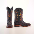 The Exotic American Alligator Patchwork Black Cherry Square Toe boots exude elegance with black leather and multicolored geometric embroidery, featuring diamond and zigzag patterns. A front-facing boot complements a side-on view, highlighting the heel, sole, and a hint of black cherry hue.