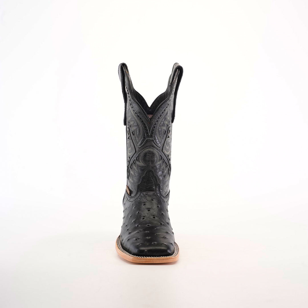 The Karoo Ostrich Print Black Square Toe boot is highlighted against a plain white background, showcasing its luxurious design with intricate stitching, a square toe, slightly raised heel, and elegant ostrich print patterns on the shaft for added sophistication.