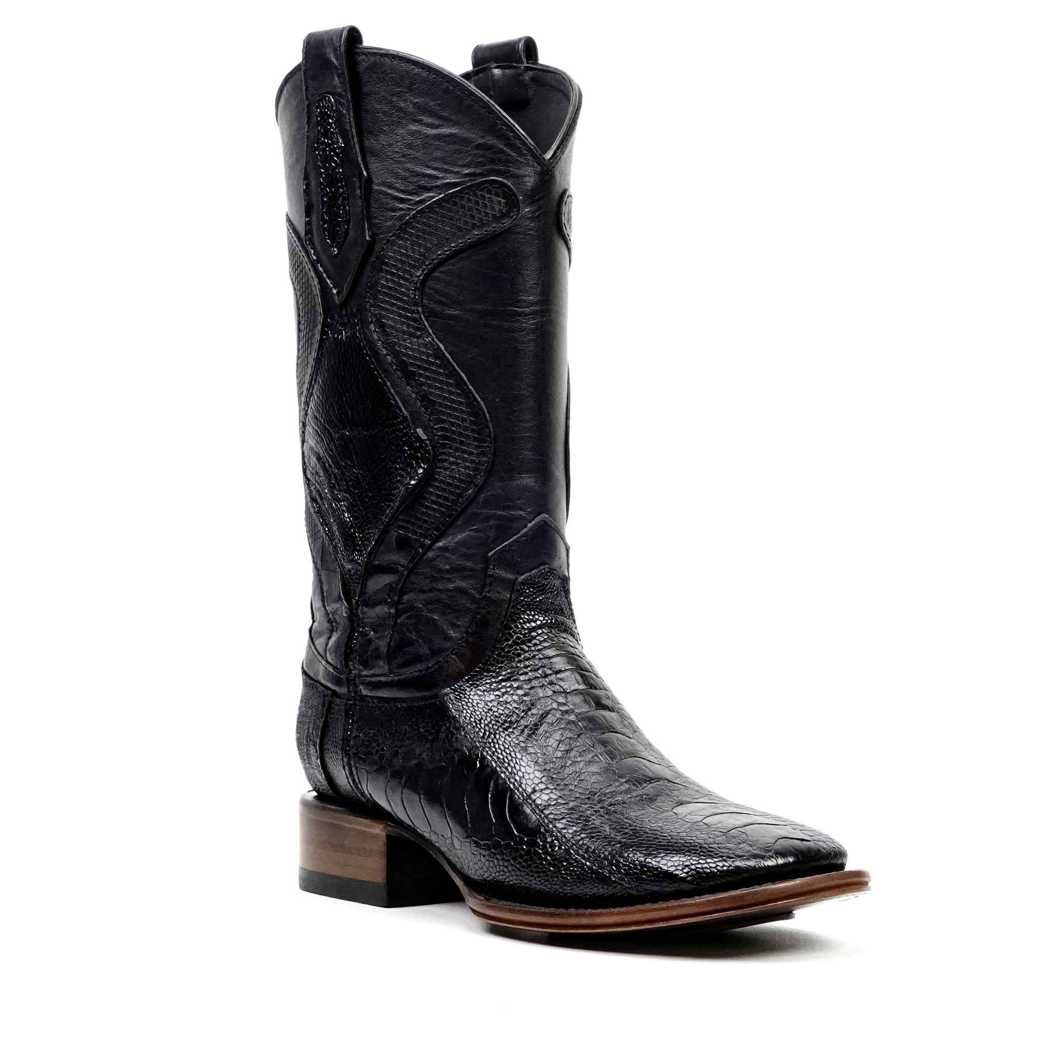 Austin Platinum Ostrich Leg Boots - Black - Square Toe - Gomez