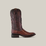 The Flame Brown Ostrich Laser & Embroidery - Square Toe - CU677 cowboy boot, featuring intricate black stitching and textured detailing, is showcased in profile against a plain light background.