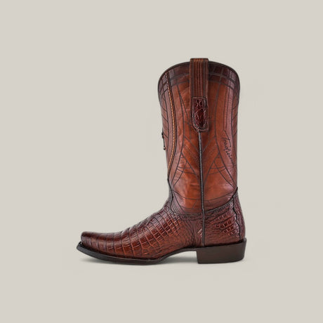 The Brown Moreletii Laser & Embroidery - Narrow Square Toe - CU700 cowboy boot features a brown alligator leather texture, detailed stitching, a low heel, and pull straps, set against a plain light background.