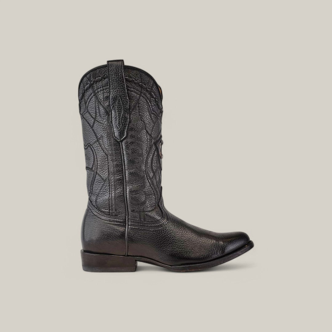 The Black Deer Laser & Embroidery Round Toe CU682 cowboy boot, crafted from black deer leather with decorative stitching and a mid-height heel, is displayed in profile against a plain background.