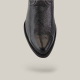 Top view of the Black Deer Laser & Embroidery - Round Toe - CU682 cowboy boot, crafted from black deer leather, with subtle stitched patterns and laser-engraved details near the top, set against a light grey background.