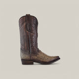 The Flame Grey Ostrich Laser & Embroidery - Snip Toe boot (CU810) showcases a single brown cowboy boot with a laser-engraved design on the shaft and ostrich leather texture, featuring a dark, square heel and toe, displayed from the side against a plain light background.