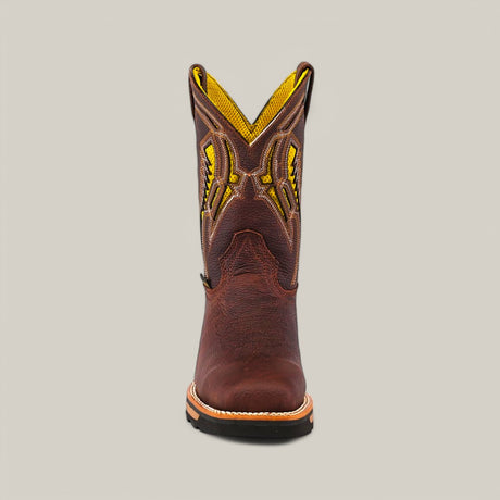 A frontal image features a single brown Floter Brown Composite Toe - E6187 cowboy boot with intricate yellow and brown stitching on the upper shaft, emphasizing its robustness. The boot stands against a plain gray background, highlighting its Texas Country-inspired design.