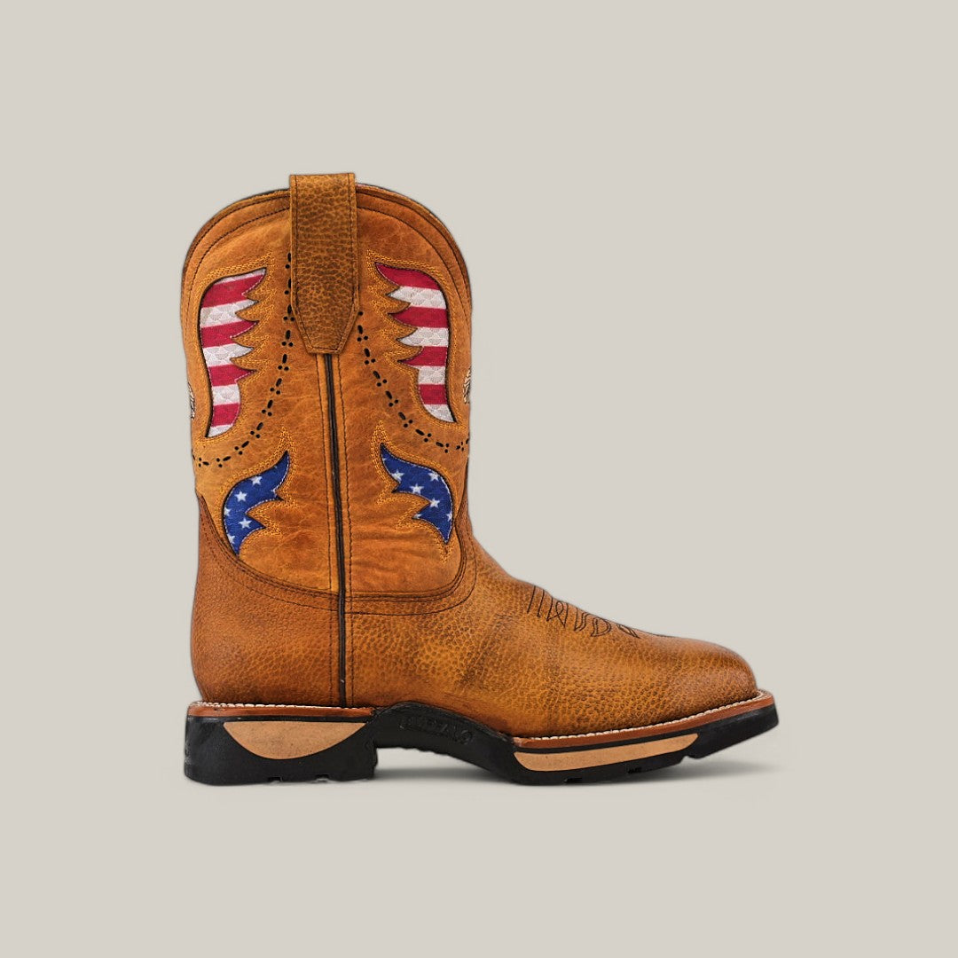 Discover the Taurus Honey Composite Toe - E6189, a durable cowboy boot with decorative stitching and American flag motifs in red, white, and blue on the shaft. Enjoy Texas Country Work Boots style with a black sole and pull strap for long-lasting wear.