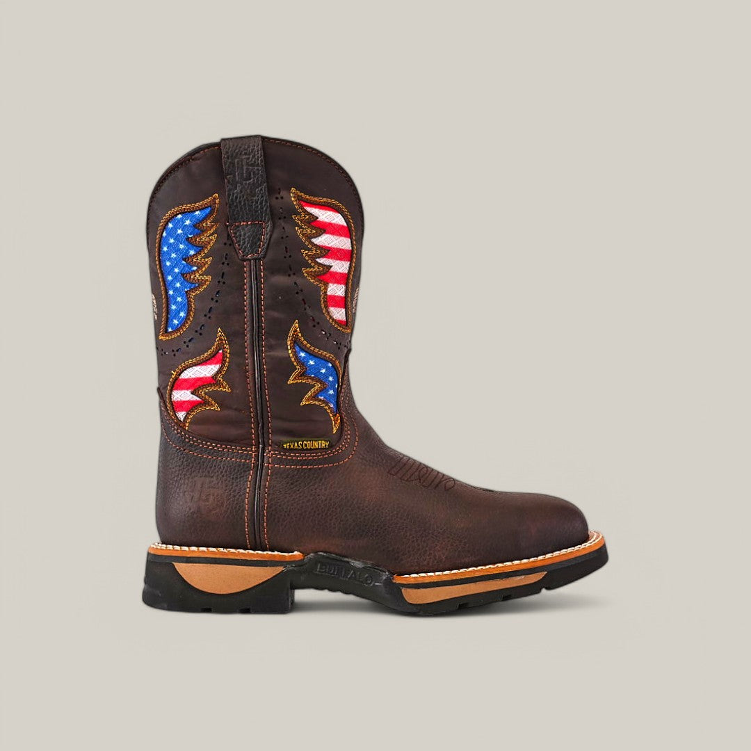 The Taurus Moka Composite Toe - E6189 is a brown cowboy boot featuring decorative stitching and red, white, and blue wing designs on the shaft. Rugged and durable, these boots are ideal for any adventure, showcased against a plain, light-colored background as a testament to Texas Country Work Boots.