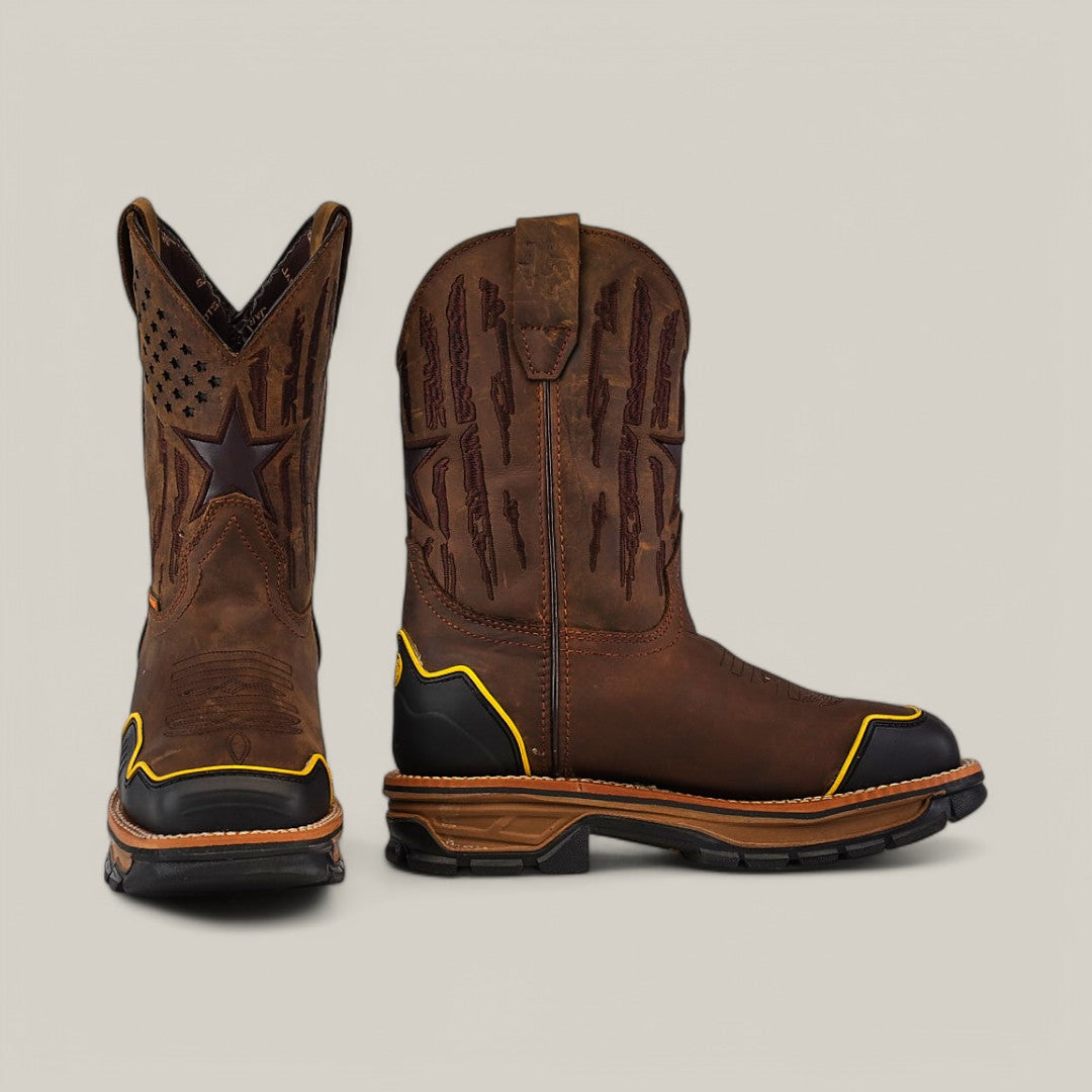 The Amazonas Dark Brown Composite Toe - E6256 boots feature embossed star patterns, black and yellow accents, rugged soles, an upright left boot with a decorative cutout, and a right boot showing its profile against a plain background—true Texas Country Work Boots.