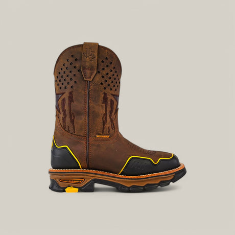 The Amazonas Dark Brown Composite Toe - E6256 is a cowboy boot featuring a brown leather finish, black sole, yellow accents, star patterns, and decorative cutouts on the shaft. It offers enhanced durability with waterproof technology for all-weather wear.