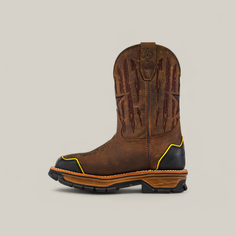 The Amazonas Dark Brown Composite Toe - E6256 is a Texas Country Work Boot with intricate shaft stitching, durable black and yellow reinforced sole, and a decorative emblem near the top. Set against a neutral beige background, it embodies classic style.