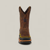 The Amazonas Dark Brown Composite Toe - E6256 is a rugged Texas Country Work Boot featuring a black star design on the shaft. It shows off black and yellow accents near the toe with a strong sole, set against a plain beige background.