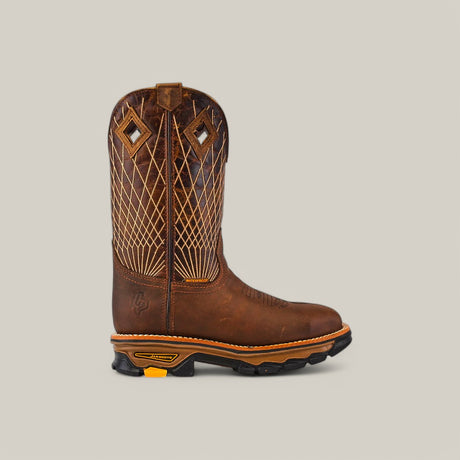 The Amazonas Tanger Composite Toe - E6257 is a brown Texas country work boot with intricate stitching and diamond-shaped cutouts near the top. It features a durable black and brown sole with an orange accent, ideal for demanding days, all against a plain light background.