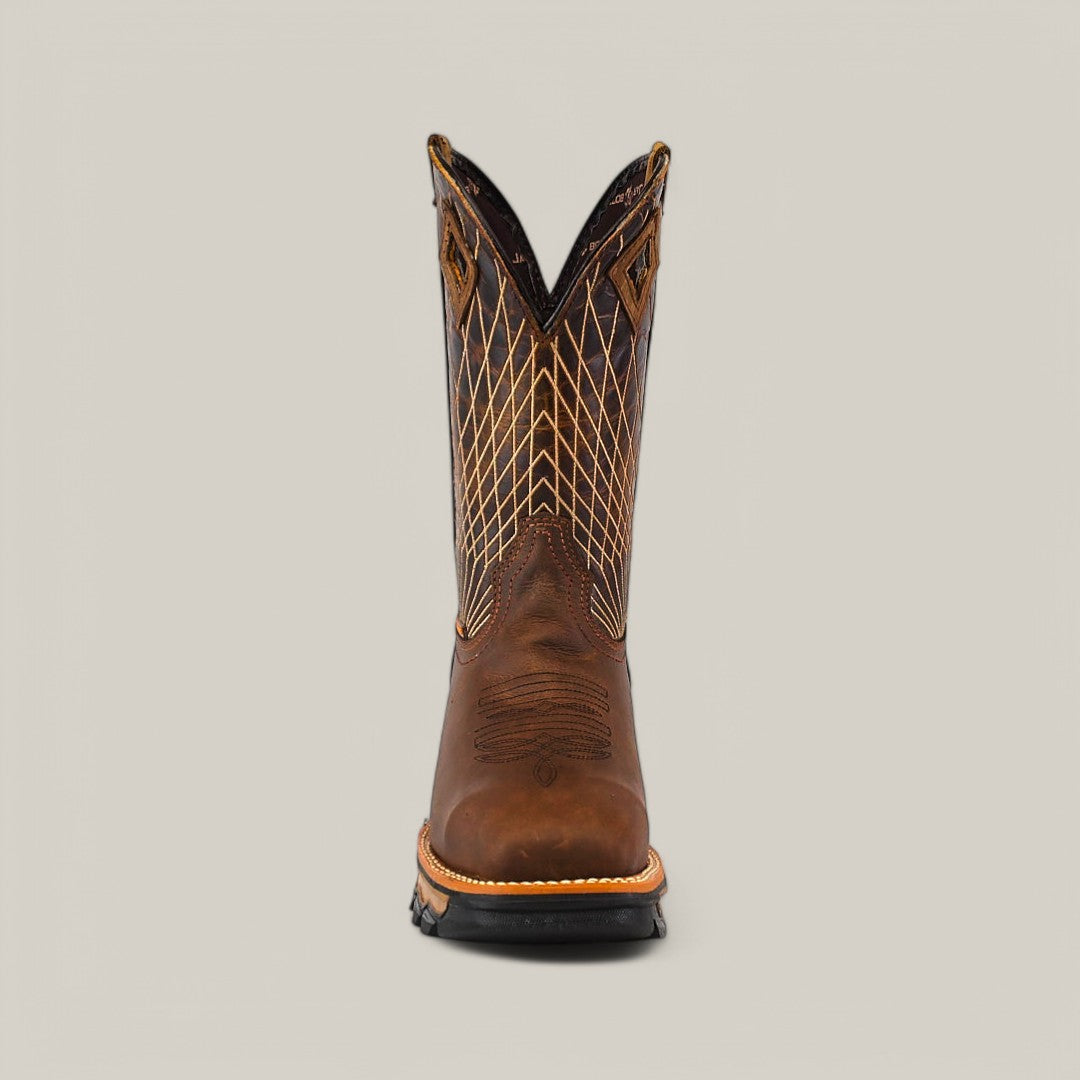 The Amazonas Tanger Soft Toe - E6257 is a brown cowboy boot with a high shaft and dark sole. It showcases intricate yellow stitching and a pointed toe, embodying the rustic charm and durability typical of Texas country work boots, all set against a plain light gray background.