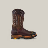 The Amazonas Chocolate Soft Toe - E6258 features a single cowboy boot with a brown leather upper, decorative stitching, and a reinforced black toe. It embodies the rugged durability of Texas Country Work Boots, featuring a robust sole with yellow accents and pull tabs at the top against a plain background.